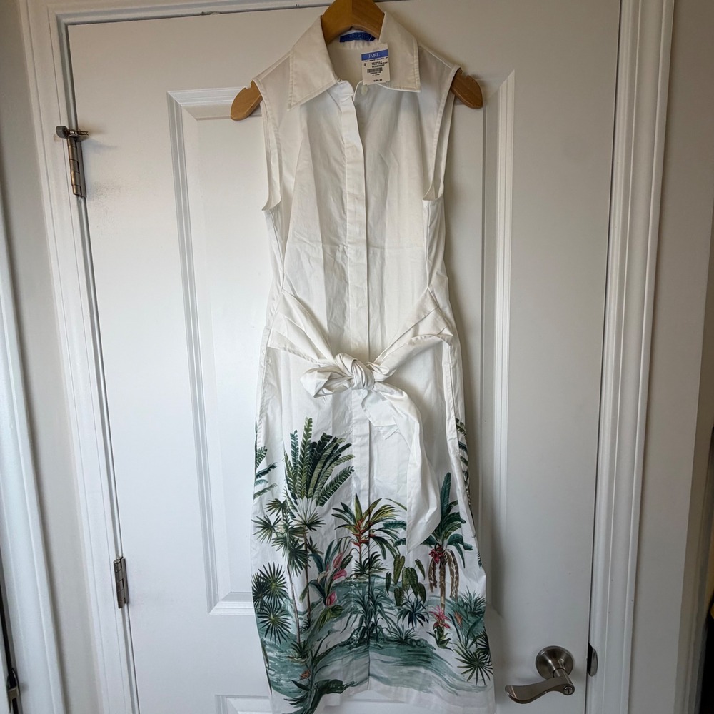 J.McLaughlin Suvi‎ Sleeveless Tropical Scene Vignette White Midi Shirtdress NWT